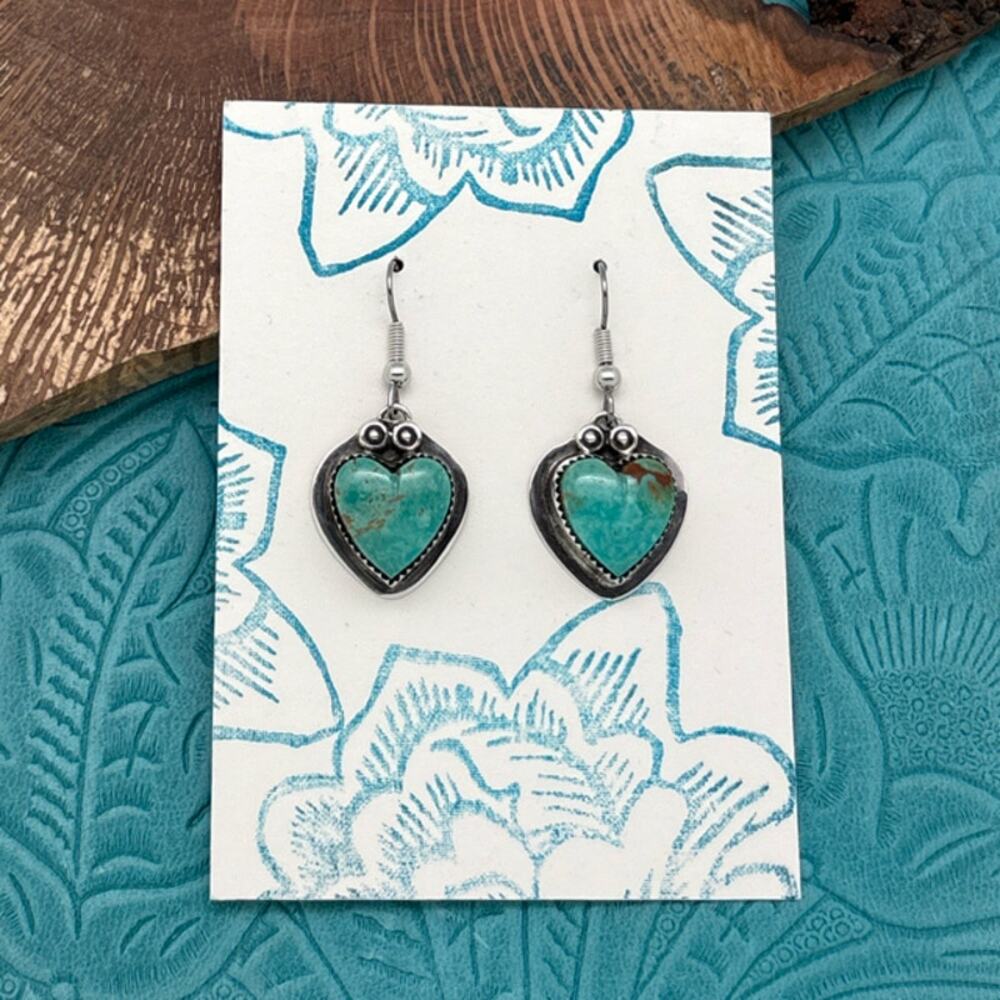 BUFFALO DANCER Taos Pueblo Sterling Silver & Turquoise Heart Dangle Earrings